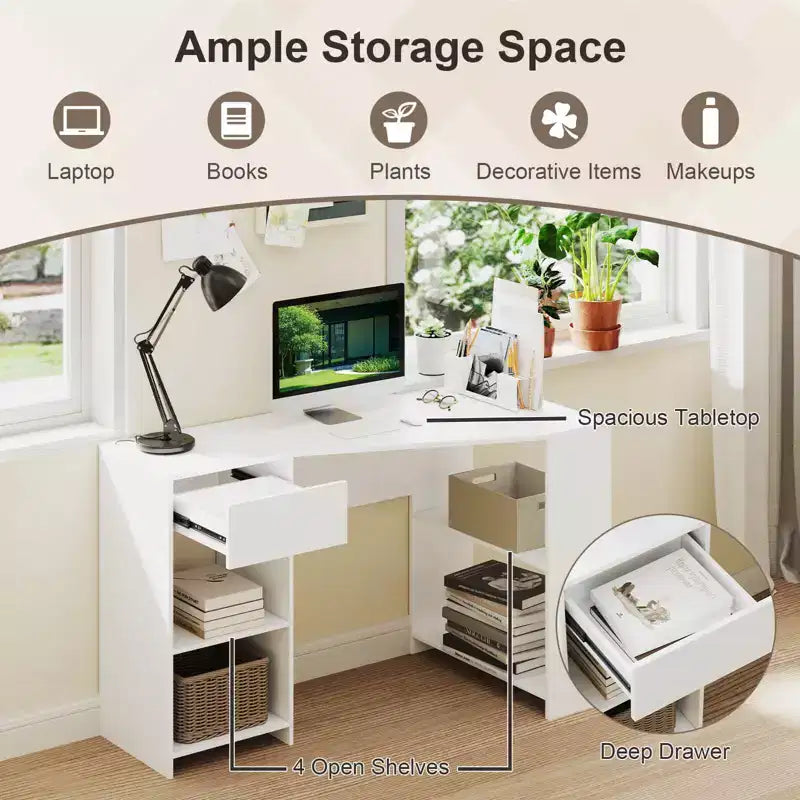 L Shaped Computer Desk with Drawer & Storage Shelves for Home Office Workstation