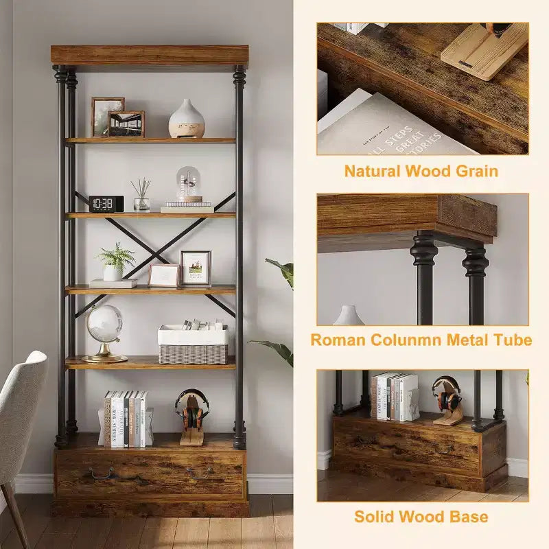 81.3 Tall Bookcase - 5 Tier Bookshelf with Drawers, Vintage Metal Frame, Display Shelf, Storage for Home Office, Living Room, Bedroom, Bathroom