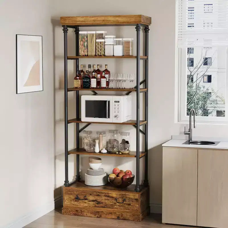 81.3 Tall Bookcase - 5 Tier Bookshelf with Drawers, Vintage Metal Frame, Display Shelf, Storage for Home Office, Living Room, Bedroom, Bathroom