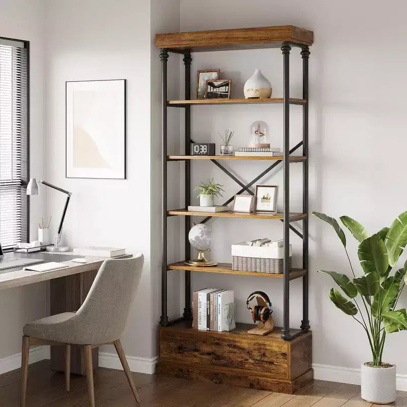 81.3 Tall Bookcase - 5 Tier Bookshelf with Drawers, Vintage Metal Frame, Display Shelf, Storage for Home Office, Living Room, Bedroom, Bathroom