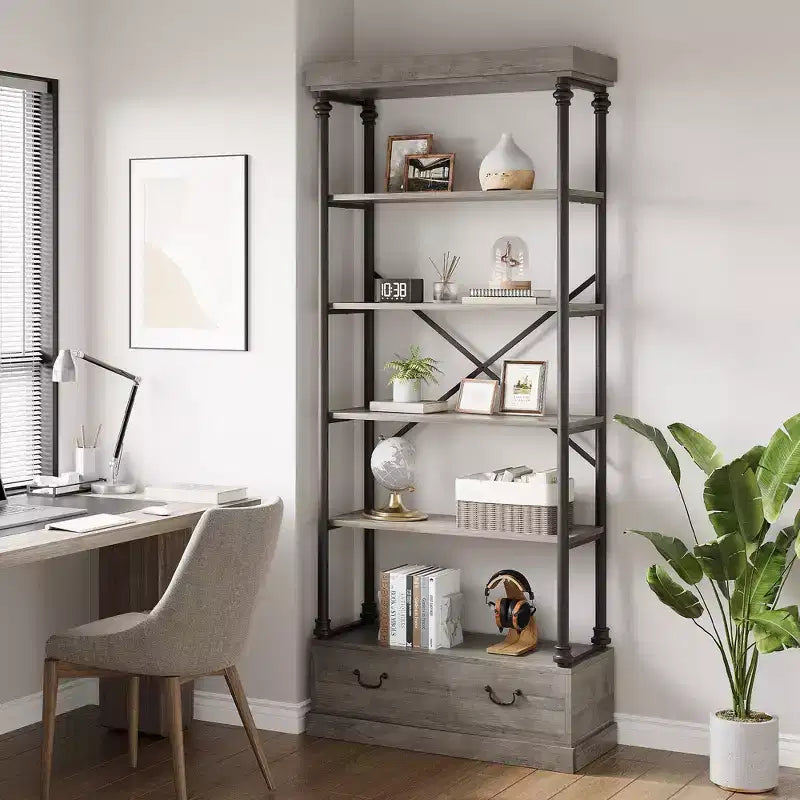 81.3 Tall Bookcase - 5 Tier Bookshelf with Drawers, Vintage Metal Frame, Display Shelf, Storage for Home Office, Living Room, Bedroom, Bathroom