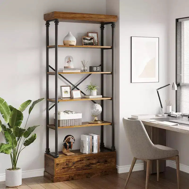 81.3 Tall Bookcase - 5 Tier Bookshelf with Drawers, Vintage Metal Frame, Display Shelf, Storage for Home Office, Living Room, Bedroom, Bathroom