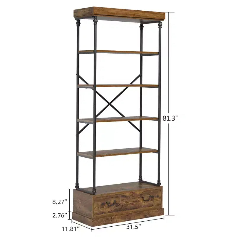 81.3 Tall Bookcase - 5 Tier Bookshelf with Drawers, Vintage Metal Frame, Display Shelf, Storage for Home Office, Living Room, Bedroom, Bathroom