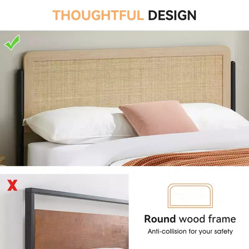 Struttura letto matrimoniale/queen con testiera curva in metallo e rattan, pediera in legno, base a piattaforma e contenitore sotto il letto