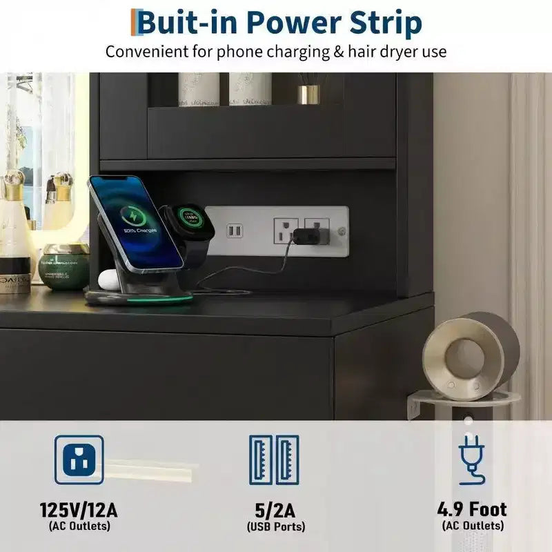 Toaletka z lustrem i oświetleniem, stolik do makijażu ze stacją ładowania, 4 szufladami i stołkiem