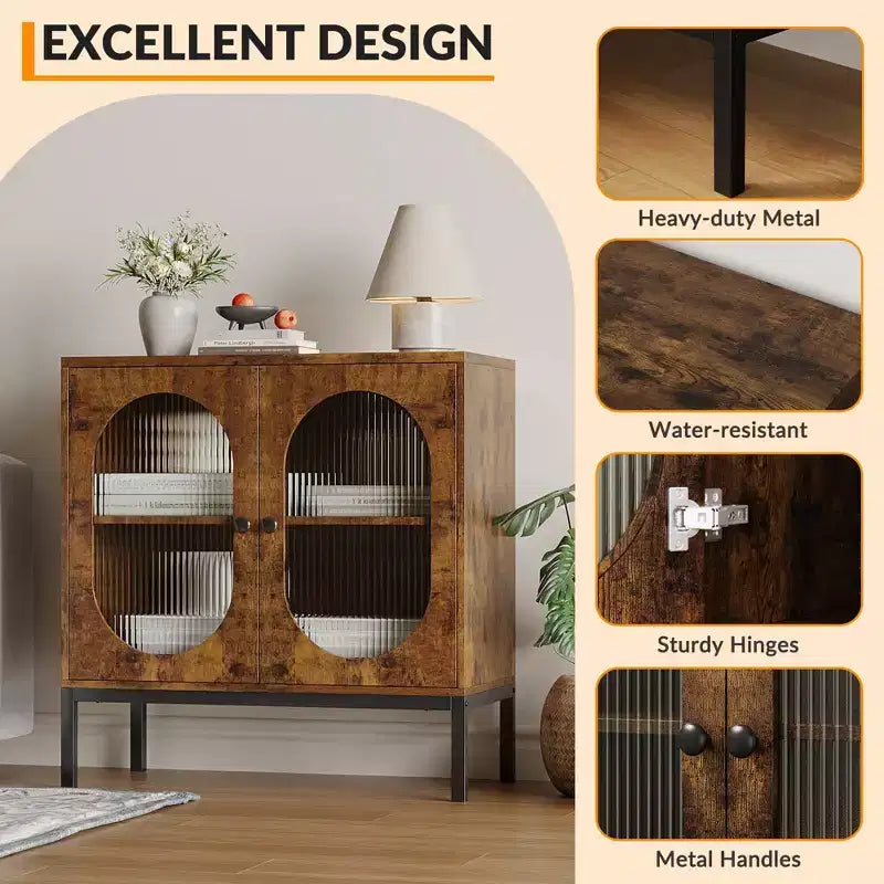 Credenza moderna in rattan con ante, madia contenitore in legno per sala da pranzo o cucina con piedini in metallo