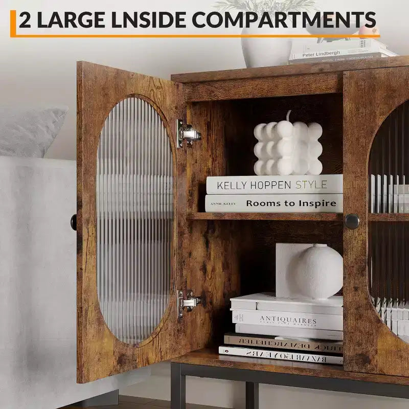Credenza moderna in rattan con ante, madia contenitore in legno per sala da pranzo o cucina con piedini in metallo
