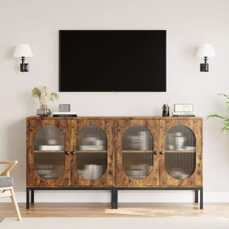 Credenza moderna in rattan con ante, madia contenitore in legno per sala da pranzo o cucina con piedini in metallo