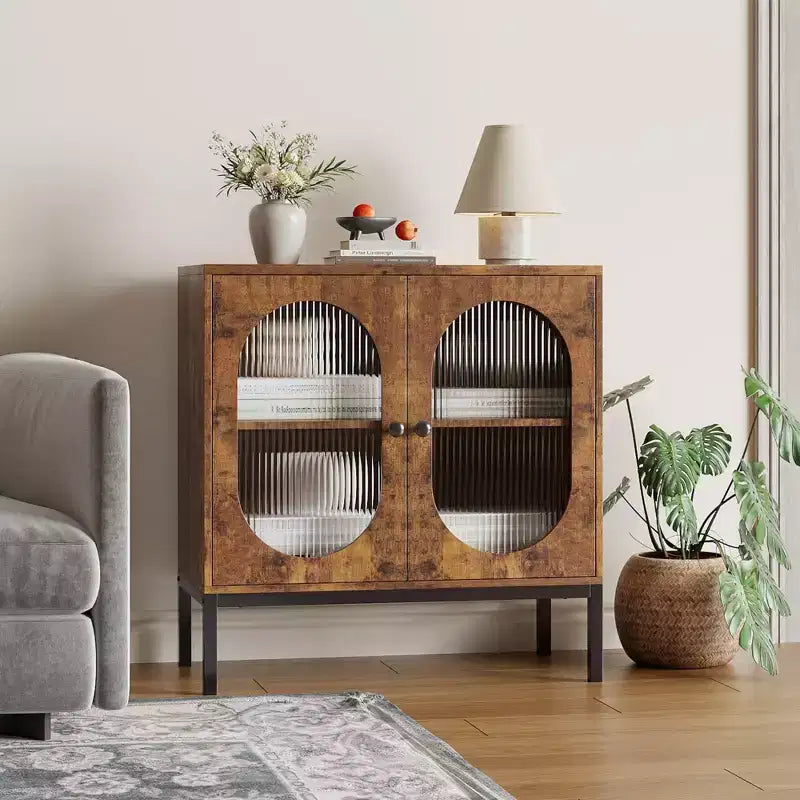 Credenza moderna in rattan con ante, madia contenitore in legno per sala da pranzo o cucina con piedini in metallo