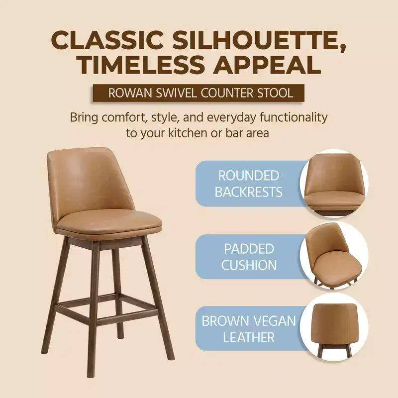 26 Inch Swivel Counter Height Stool in Walnut Finish with Brown Vegan Leather Upholstery Seat - Kitchen or Dining Room Furniture