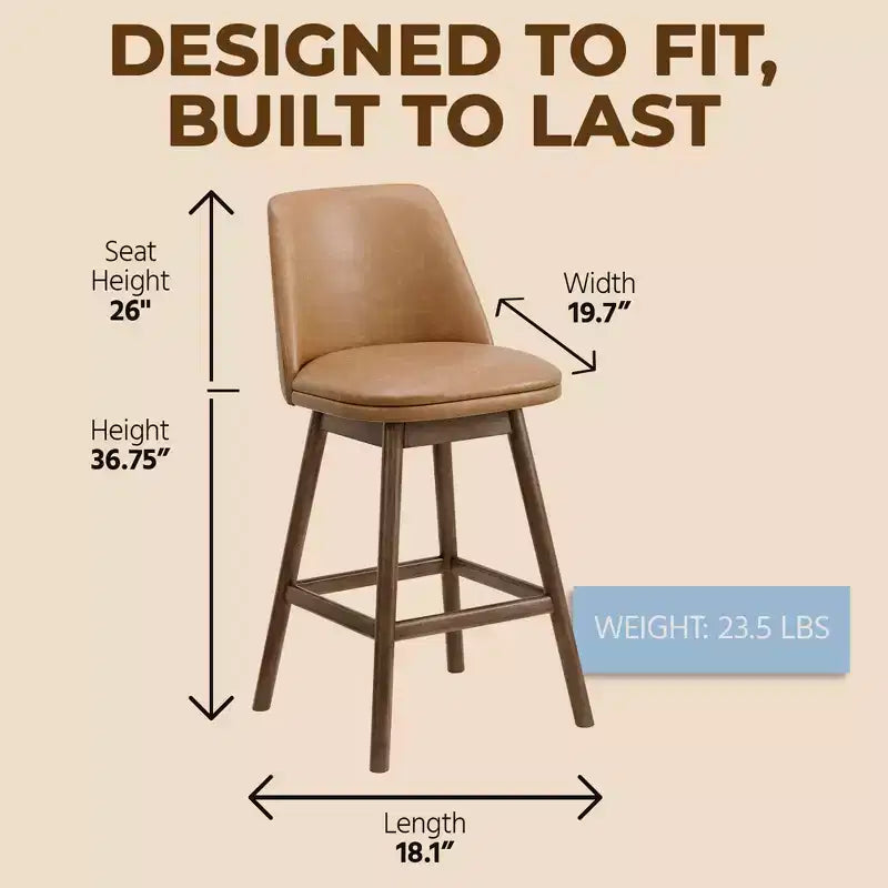 26 Inch Swivel Counter Height Stool in Walnut Finish with Brown Vegan Leather Upholstery Seat - Kitchen or Dining Room Furniture