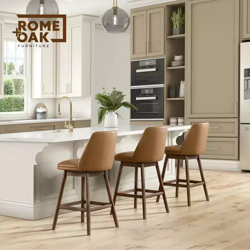 Sgabello girevole da 26 pollici per bancone, finitura noce e seduta rivestita in pelle vegana marrone - Arredo per cucina o sala da pranzo