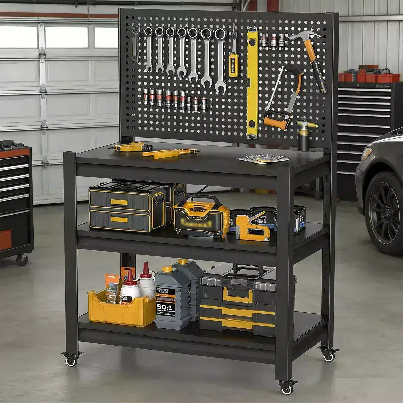 18 Heavy-Duty Metal Storage Shelving with Pegboard - 3-Tier Adjustable Garage Rack & Industrial Utility Shelf for Kitchen, Pantry & Garden