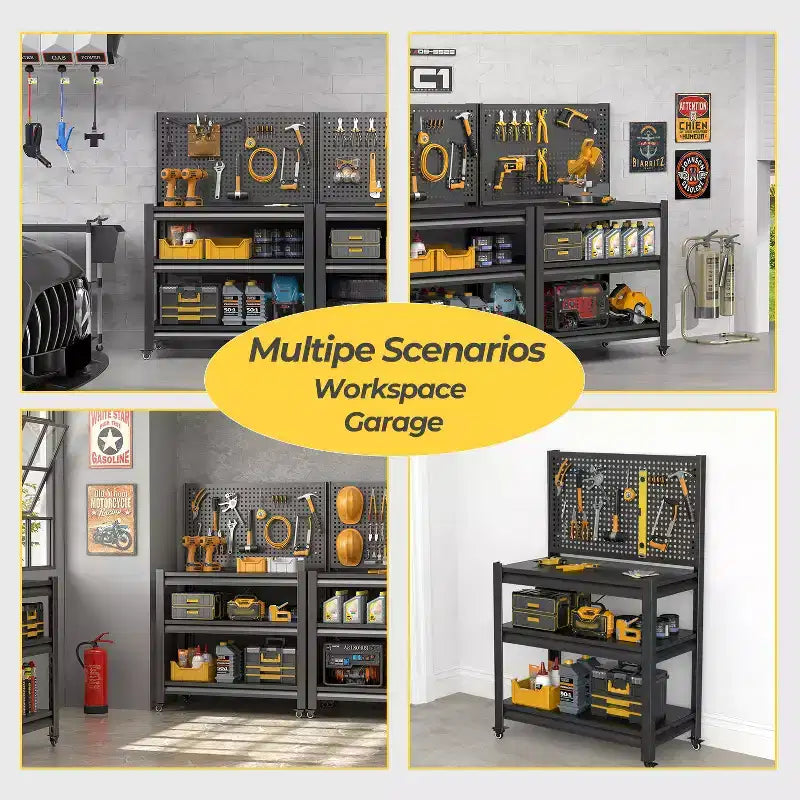 18 Heavy-Duty Metal Storage Shelving with Pegboard - 3-Tier Adjustable Garage Rack & Industrial Utility Shelf for Kitchen, Pantry & Garden