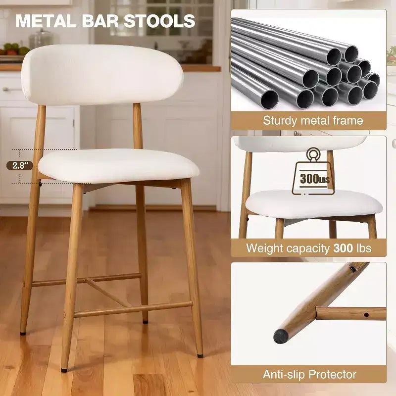 Sgabelli moderni da bancone in metallo imbottiti, stile Mid-Century, set da 2