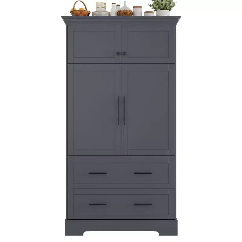 72 Farmhouse Kitchen Pantry Cabinet, Freestanding Dining Storage Cabinet with Drawers, Pull-Out Trays, and Cake Pan Storage