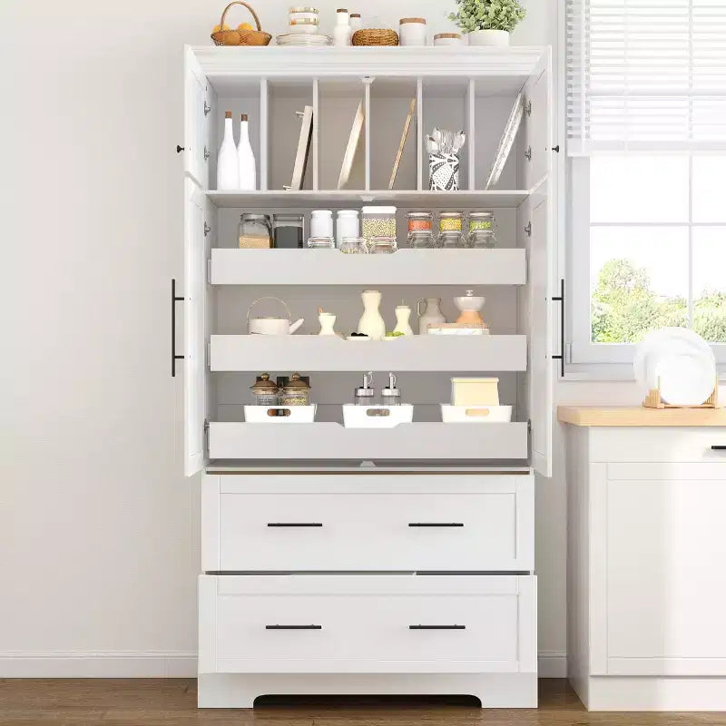 72 Farmhouse Kitchen Pantry Cabinet, Freestanding Dining Storage Cabinet with Drawers, Pull-Out Trays, and Cake Pan Storage