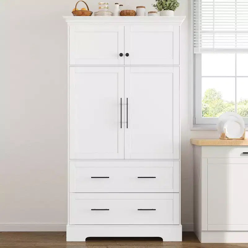 72 Farmhouse Kitchen Pantry Cabinet, Freestanding Dining Storage Cabinet with Drawers, Pull-Out Trays, and Cake Pan Storage