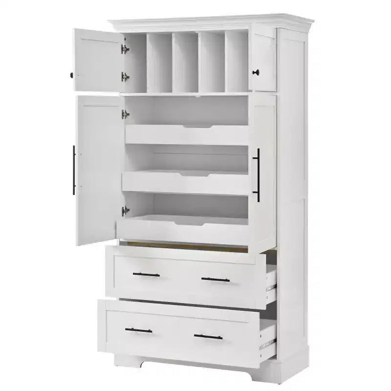 72 Farmhouse Kitchen Pantry Cabinet, Freestanding Dining Storage Cabinet with Drawers, Pull-Out Trays, and Cake Pan Storage