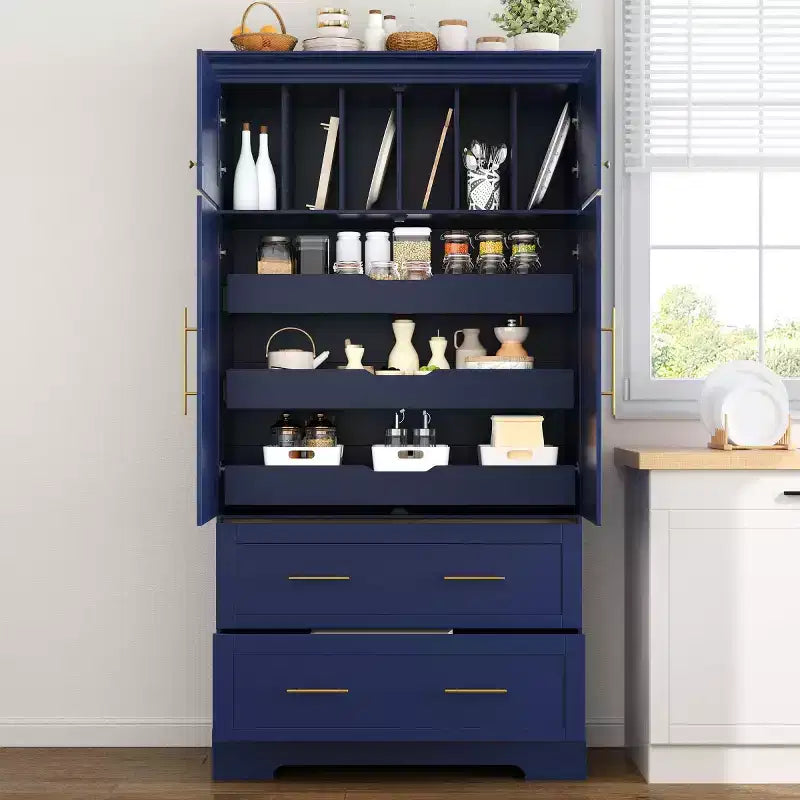 72 Farmhouse Kitchen Pantry Cabinet, Freestanding Dining Storage Cabinet with Drawers, Pull-Out Trays, and Cake Pan Storage