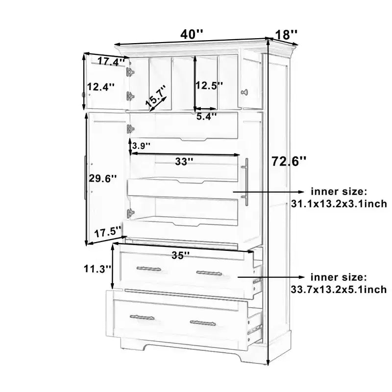72 Farmhouse Kitchen Pantry Cabinet, Freestanding Dining Storage Cabinet with Drawers, Pull-Out Trays, and Cake Pan Storage