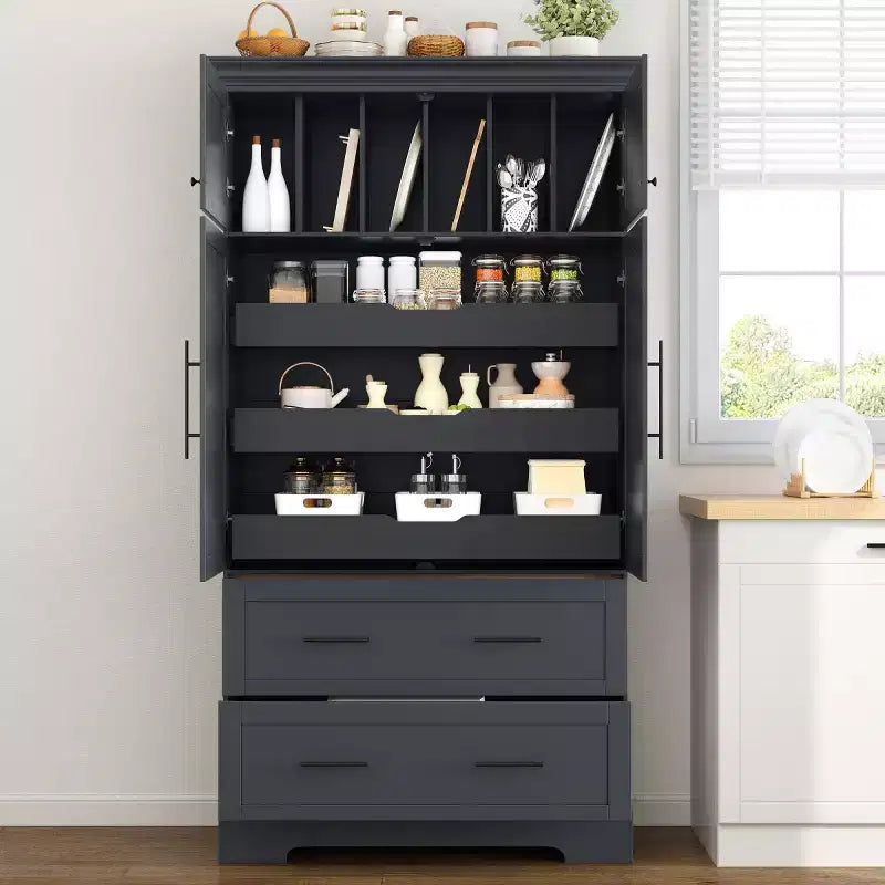 72 Farmhouse Kitchen Pantry Cabinet, Freestanding Dining Storage Cabinet with Drawers, Pull-Out Trays, and Cake Pan Storage