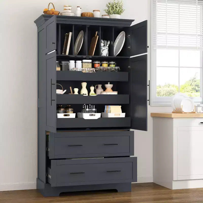 72 Farmhouse Kitchen Pantry Cabinet, Freestanding Dining Storage Cabinet with Drawers, Pull-Out Trays, and Cake Pan Storage