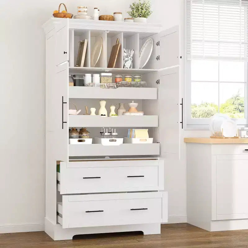 72 Farmhouse Kitchen Pantry Cabinet, Freestanding Dining Storage Cabinet with Drawers, Pull-Out Trays, and Cake Pan Storage