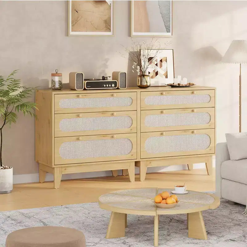 Cassettiera in rattan con 3 cassetti di diverse dimensioni, 2 pezzi, cassettiera naturale per armadio con maniglie in legno e gambe in legno, dotata di kit antiribaltamento, rovere naturale