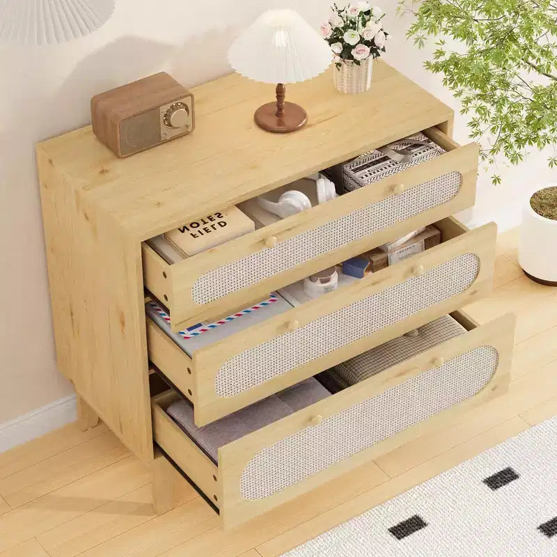 Cassettiera in rattan con 3 cassetti di diverse dimensioni, 2 pezzi, cassettiera naturale per armadio con maniglie in legno e gambe in legno, dotata di kit antiribaltamento, rovere naturale
