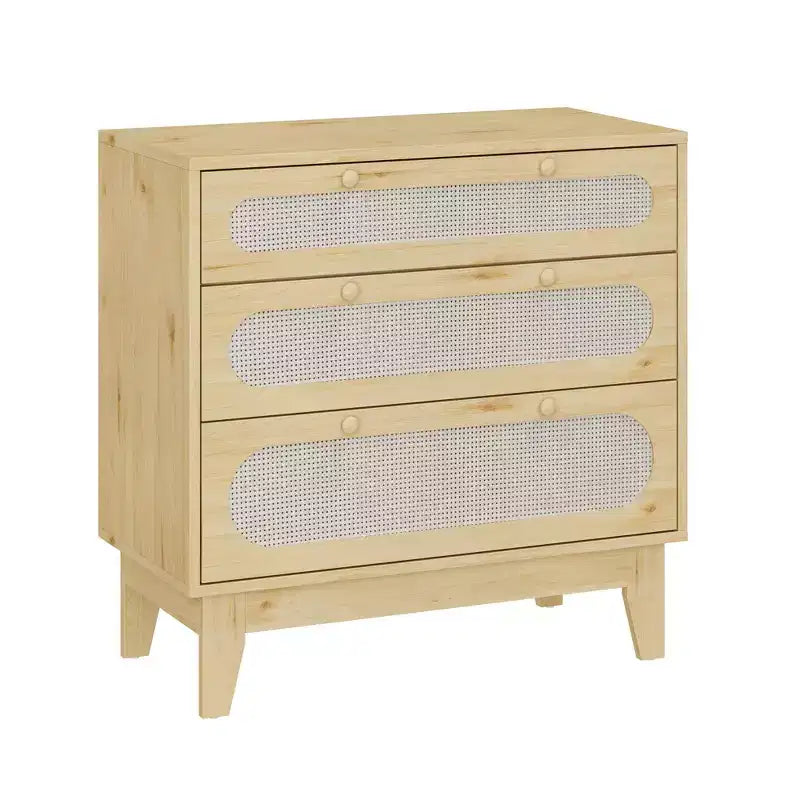 Cassettiera in rattan con 3 cassetti di diverse dimensioni, 2 pezzi, cassettiera naturale per armadio con maniglie in legno e gambe in legno, dotata di kit antiribaltamento, rovere naturale