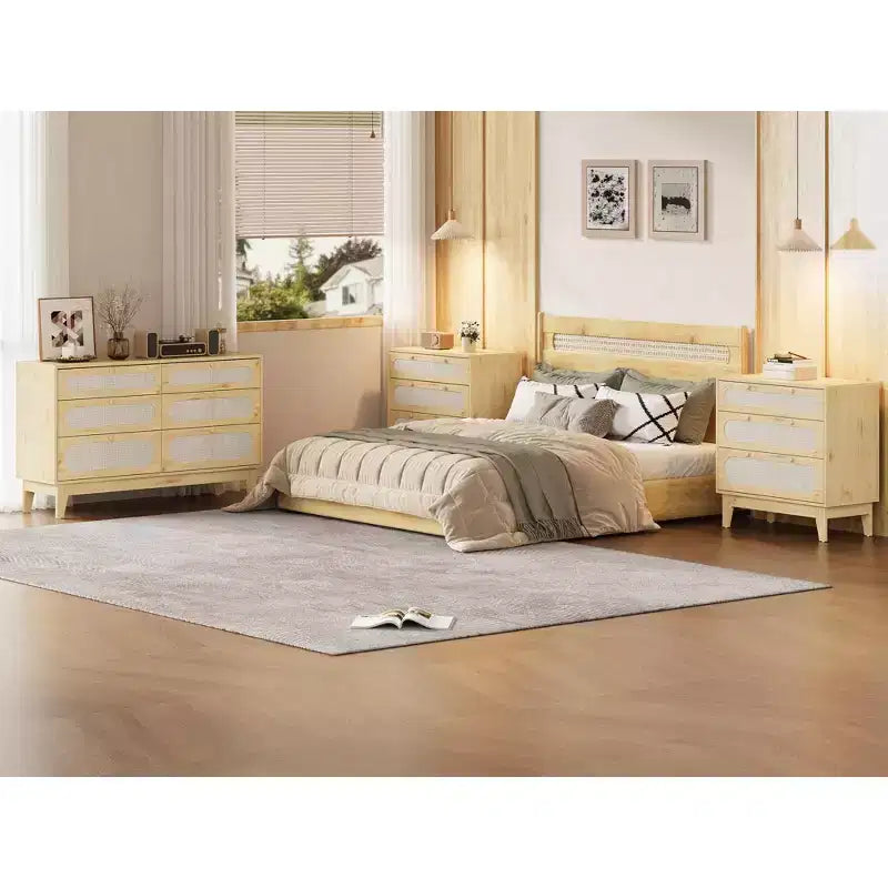 Cassettiera in rattan con 3 cassetti di diverse dimensioni, 2 pezzi, cassettiera naturale per armadio con maniglie in legno e gambe in legno, dotata di kit antiribaltamento, rovere naturale