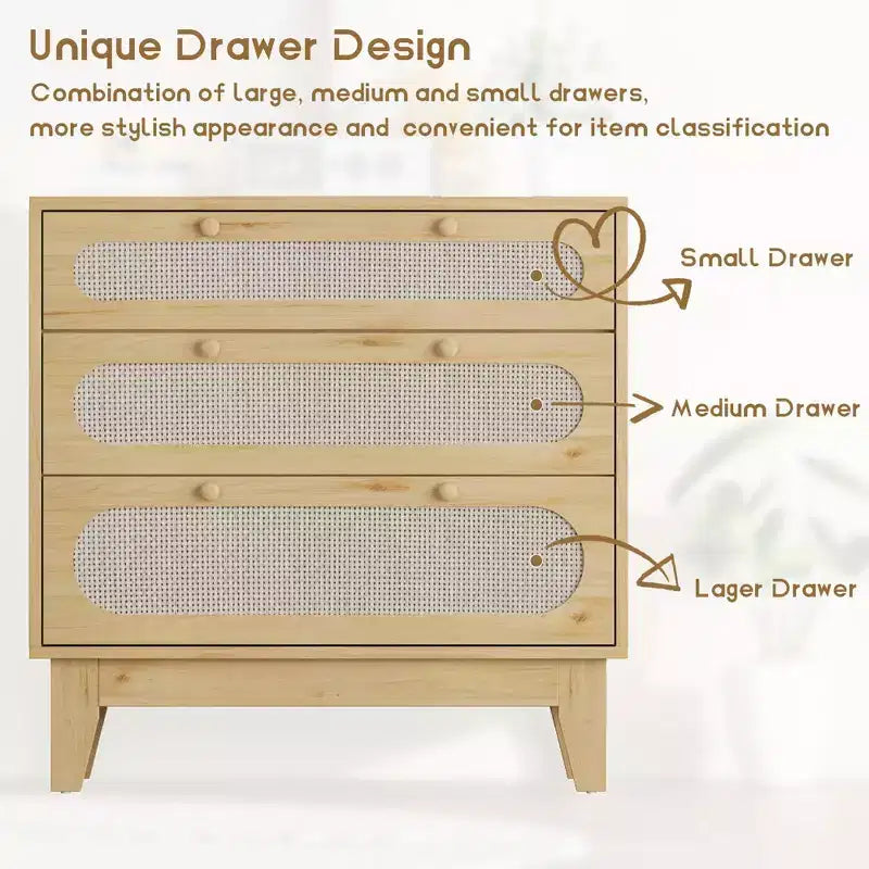 Cassettiera in rattan con 3 cassetti di diverse dimensioni, 2 pezzi, cassettiera naturale per armadio con maniglie in legno e gambe in legno, dotata di kit antiribaltamento, rovere naturale
