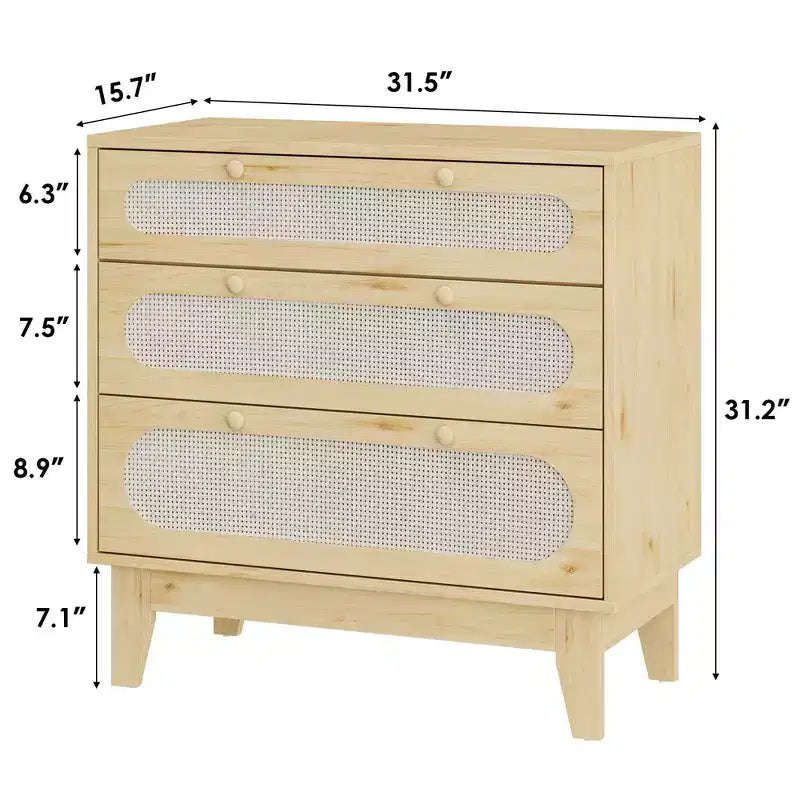 Cassettiera in rattan con 3 cassetti di diverse dimensioni, 2 pezzi, cassettiera naturale per armadio con maniglie in legno e gambe in legno, dotata di kit antiribaltamento, rovere naturale