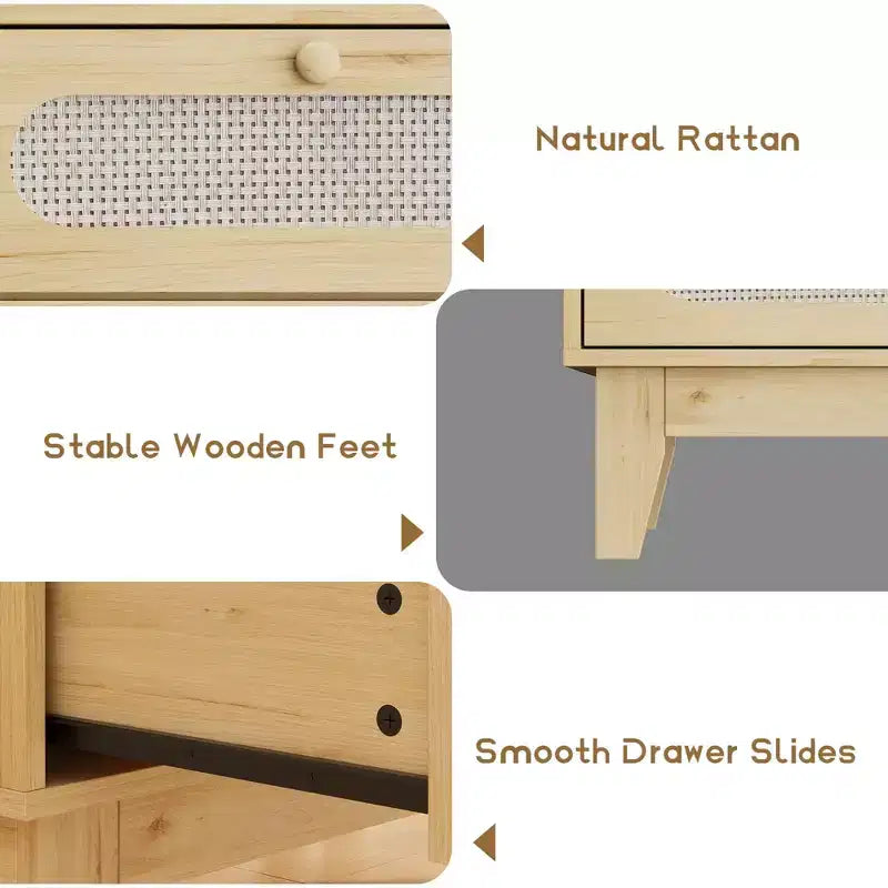 Cassettiera in rattan con 3 cassetti di diverse dimensioni, 2 pezzi, cassettiera naturale per armadio con maniglie in legno e gambe in legno, dotata di kit antiribaltamento, rovere naturale