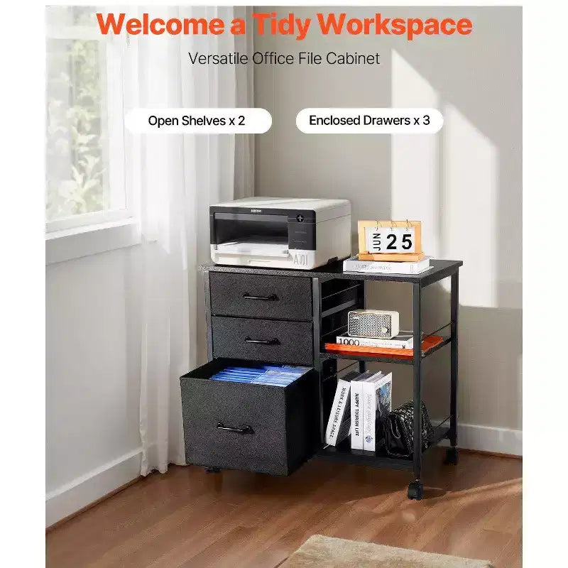 Mobile Metal File Cabinet,3 Fabric Drawers 2 Open Shelves, Wooden Accent, Wheels, Fits Letter/A4/Legal, Easy Assembly, Black