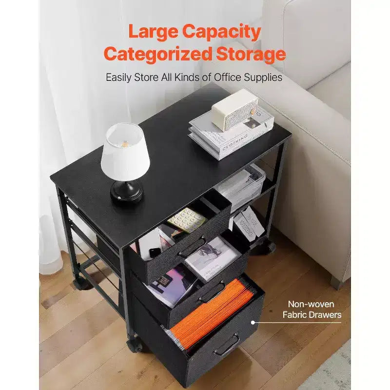 Mobile Metal File Cabinet,3 Fabric Drawers 2 Open Shelves, Wooden Accent, Wheels, Fits Letter/A4/Legal, Easy Assembly, Black