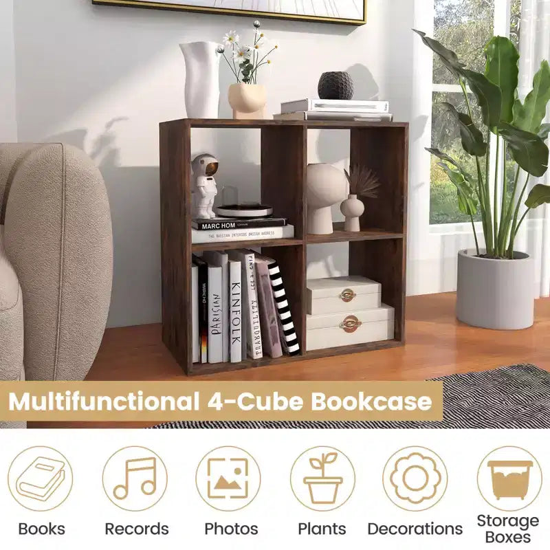 4-Cube Open Bookshelf with Anti-tip Kits Home Modern Style Storage Shelf for Study Black/White/Natural/Brown