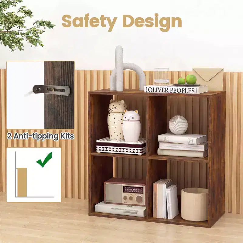 4-Cube Open Bookshelf with Anti-tip Kits Home Modern Style Storage Shelf for Study Black/White/Natural/Brown