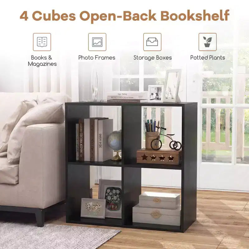 4-Cube Open Bookshelf with Anti-tip Kits Home Modern Style Storage Shelf for Study Black/White/Natural/Brown