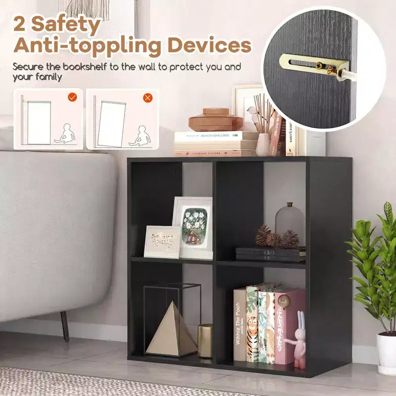 4-Cube Open Bookshelf with Anti-tip Kits Home Modern Style Storage Shelf for Study Black/White/Natural/Brown