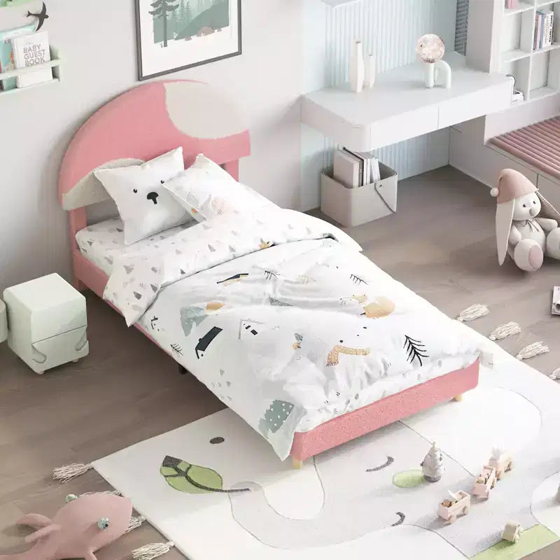 Struttura letto singolo/matrimoniale con testiera bouclé rotonda rosa e bianca - design ad arco imbottito, supporto con doghe in legno, non serve la rete a molle, facile da montare