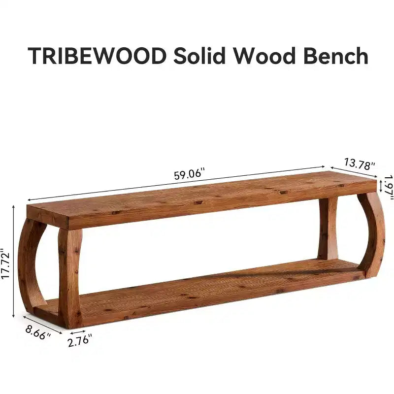 59-Inch 2-Tier Solid Wood Entryway Bench, Farmhouse Shoe Storage Bench for Bedroom, Kitchen, Hallway, Rustic Brown