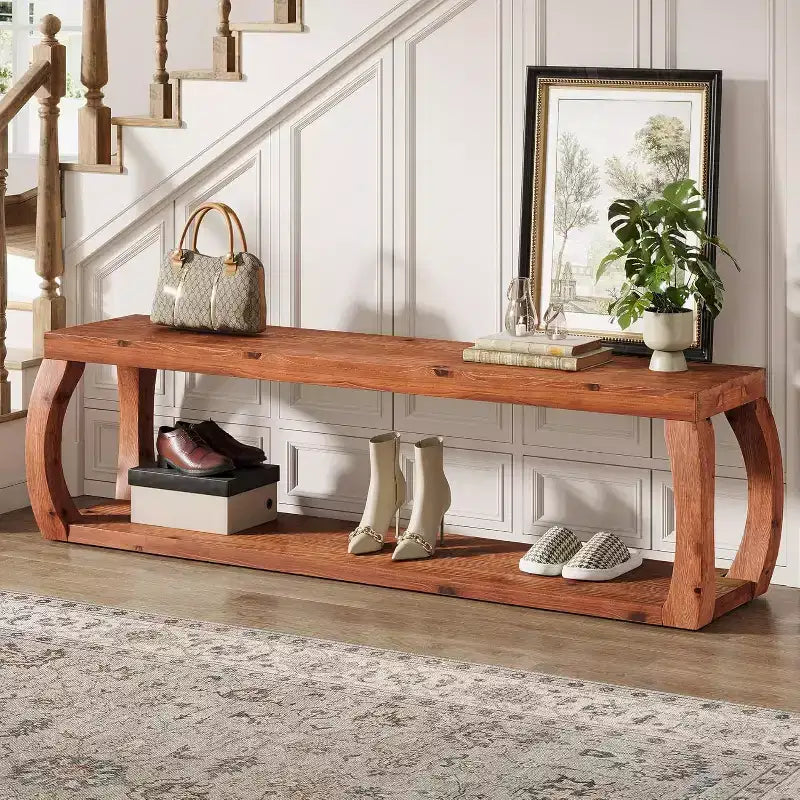 59-Inch 2-Tier Solid Wood Entryway Bench, Farmhouse Shoe Storage Bench for Bedroom, Kitchen, Hallway, Rustic Brown