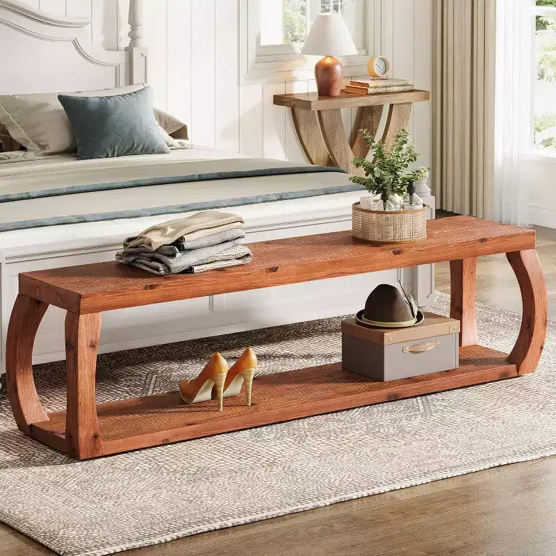 59-Inch 2-Tier Solid Wood Entryway Bench, Farmhouse Shoe Storage Bench for Bedroom, Kitchen, Hallway, Rustic Brown