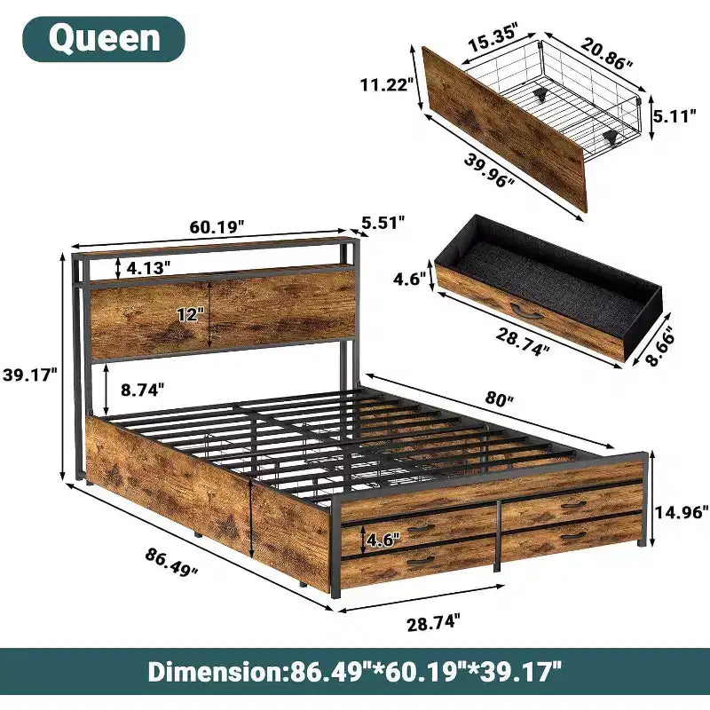 Struttura letto matrimoniale Queen con contenitore e 8 cassetti, testiera e pediera in legno, design silenzioso, senza necessità di rete a molle, marrone