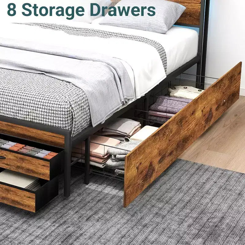Struttura letto matrimoniale Queen con contenitore e 8 cassetti, testiera e pediera in legno, design silenzioso, senza necessità di rete a molle, marrone
