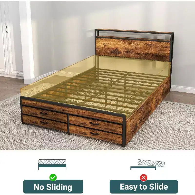 Queen Size Storage Platform Bed Frame with 8 Drawers, Wooden Headboard & Footboard, Noise-Free Design, No Box Spring Needed, Brown