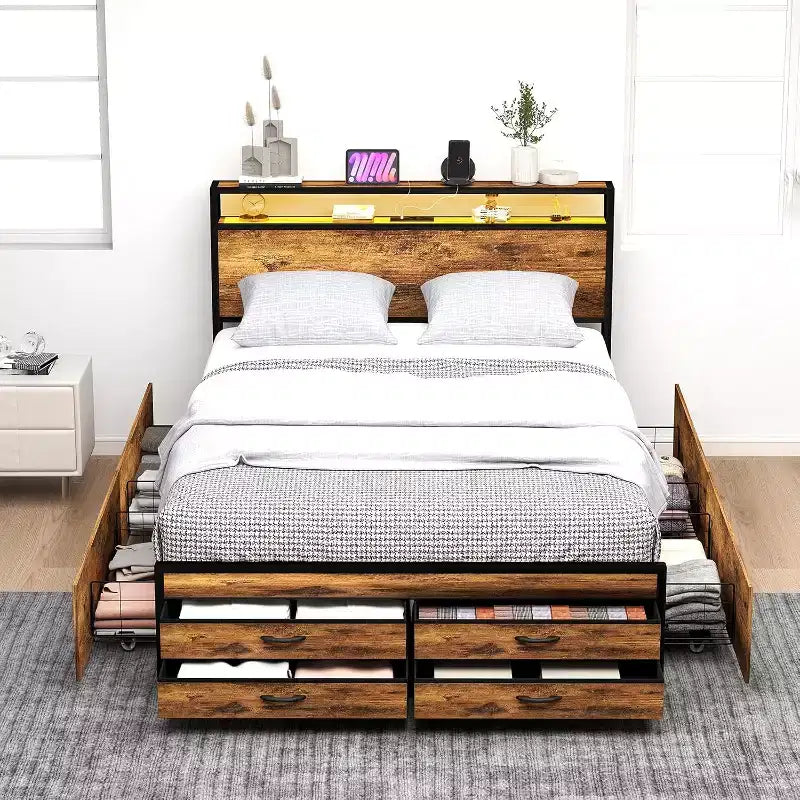 Queen Size Storage Platform Bed Frame with 8 Drawers, Wooden Headboard & Footboard, Noise-Free Design, No Box Spring Needed, Brown