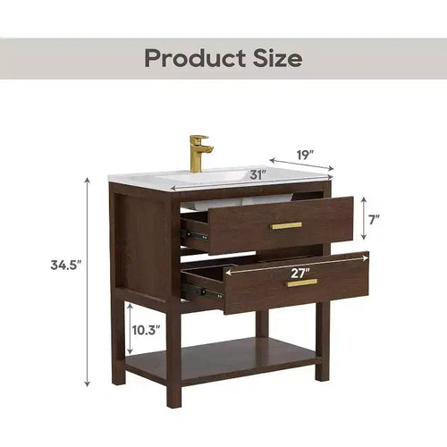 Mobile lavabo indipendente stile rustico da 30 con lavandino, 2 cassetti e ripiano aperto, piedini regolabili per un livellamento semplice, color noce